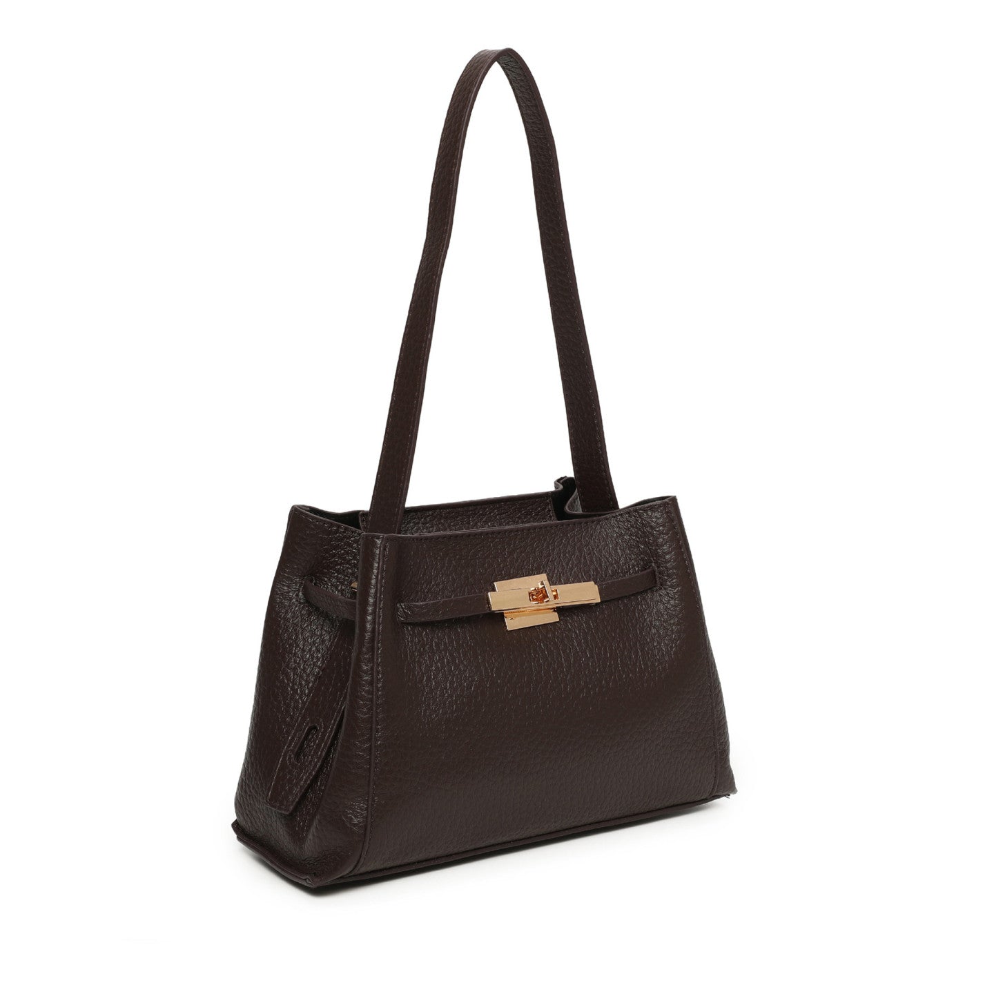 Mala trapézio com fecho dourado café vista lateral