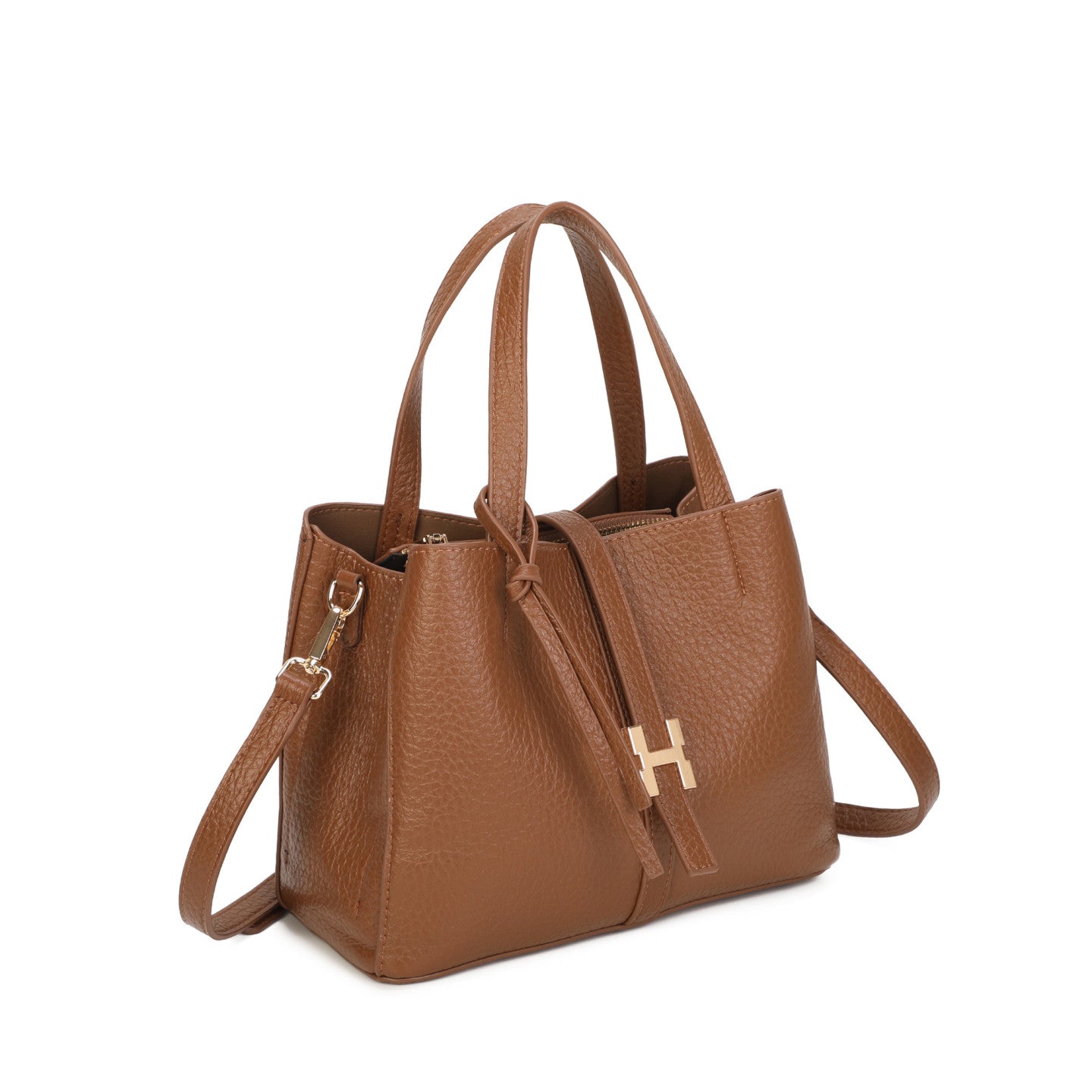 Mala tote com fivela castanho vista lateral
